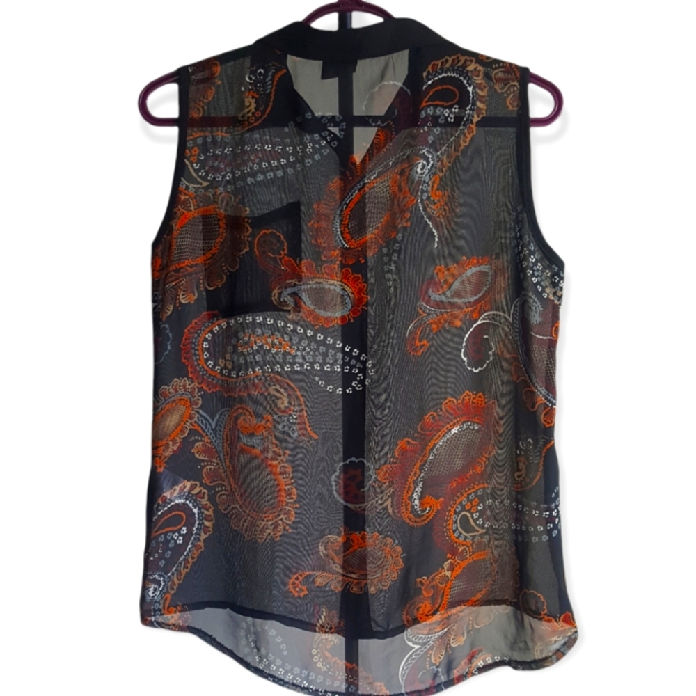 (2/$25) Sheer paisley button-down blouse top with collar and patch pocket